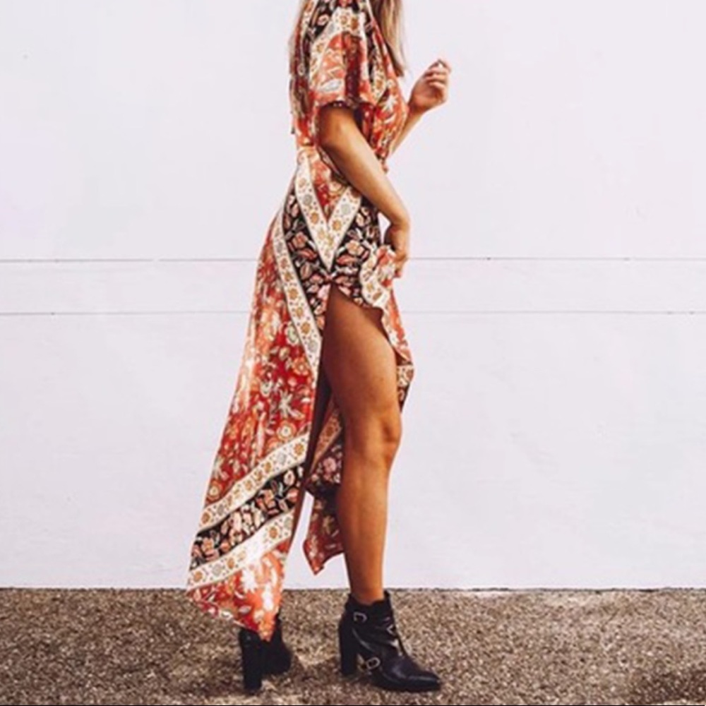 Backless Boho Gypsy Maxi Dress Floral Long Sleeve - Picture 9 of 11